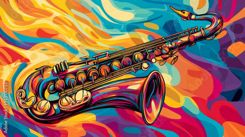Pop art 60s psychedelic colorful trippy retro style image of jazzy saxophone with music coming out of it in waves in music dance party atmosphere background with copy space
