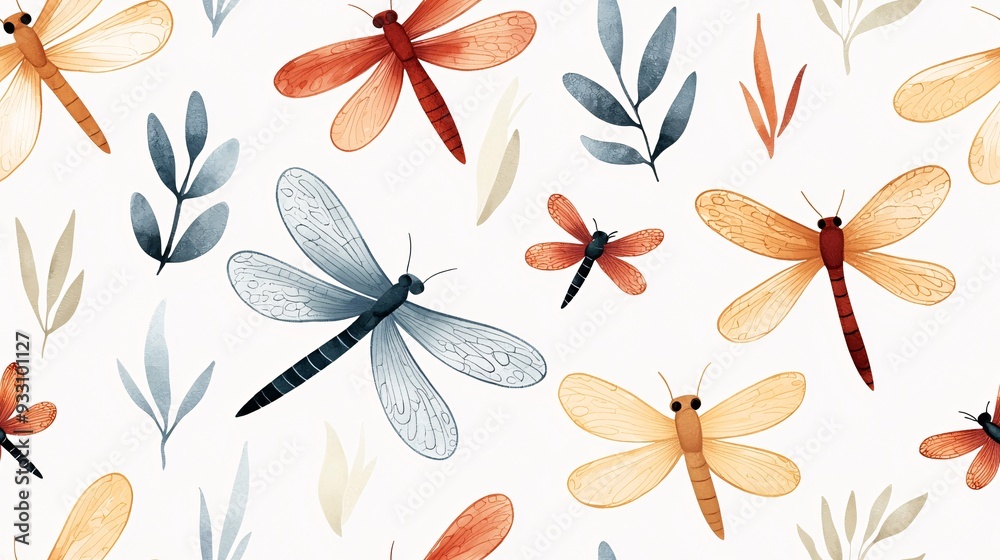 Watercolor Dragonfly Seamless Pattern: A delicate and whimsical watercolor pattern featuring vibrant dragonflies and delicate leaves, perfect for adding a touch of nature to your designs. Watercolor Dragonfly Seamless Pattern: A delicate and whimsical watercolor pattern featuring vibrant dragonflies and delicate leaves, perfect for adding a touch of nature to your designs.