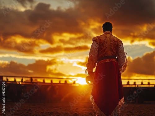 Spanish bullfighter in bullring at sunset, embodying bullfighting tradition with copy space photo
