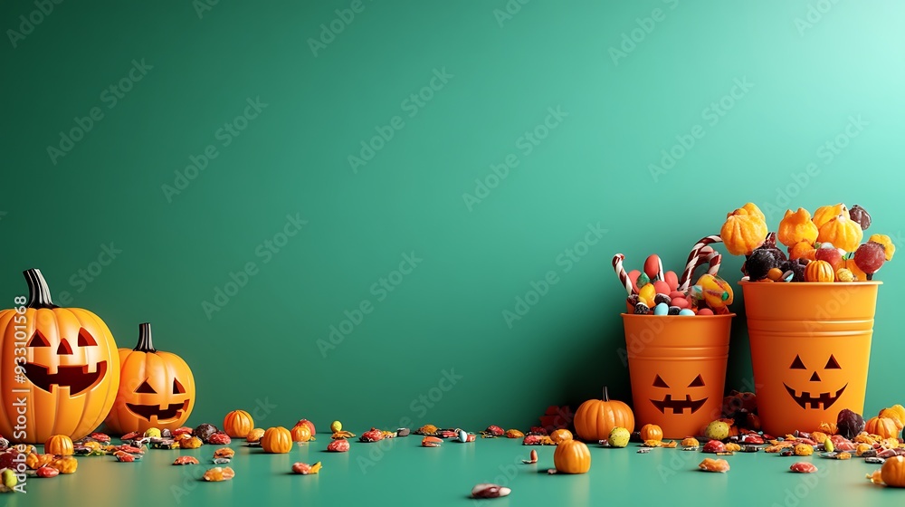 Halloween-themed setup with pumpkins and candy in orange buckets against a green background, perfect for holiday celebration and decoration. Halloween-themed setup with pumpkins and candy in orange buckets against a green background, perfect for holiday celebration and decoration.