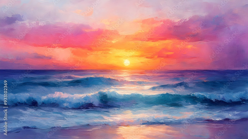 Coastal sunset, soft brushstrokes, vibrant sky, gentle waves, oil painting style, peaceful seascape Coastal sunset, soft brushstrokes, vibrant sky, gentle waves, oil painting style, peaceful seascape