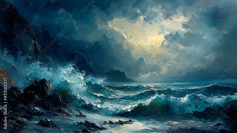 Intense stormy ocean with waves crashing against sharp rocks, bold and exaggerated oil paint strokes, dark and moody atmosphere, hand-painted in a traditional style Intense stormy ocean with waves crashing against sharp rocks, bold and exaggerated oil paint strokes, dark and moody atmosphere, hand-painted in a traditional style