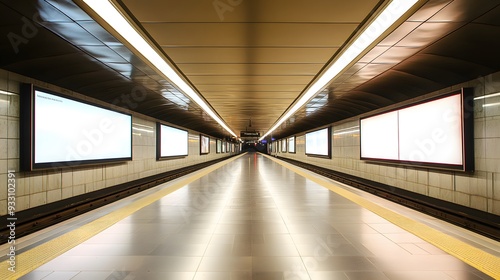Fototapeta Naklejka Na Ścianę i Meble -  A contemporary train station with vacant billboards, subtle overhead lighting casting even illumination, smooth, modern floors, and a tranquil, open ambiance, highlighting the space emptiness and