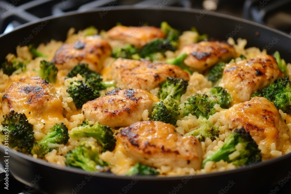 Chicken and broccoli stir-fry cooked in a pan with rice close-up Chicken and broccoli stir-fry cooked in a pan with rice close-up