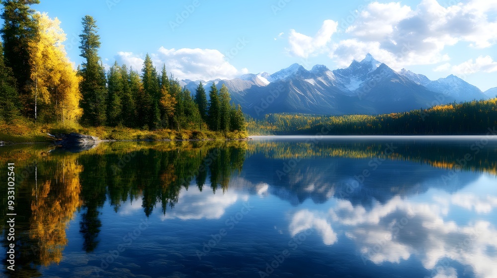 Fototapeta premium Still lake with clear reflections of mountains and trees, in a precise oil painting style, hand brushstrokes detailing every texture, soft colors, and serene atmosphere.