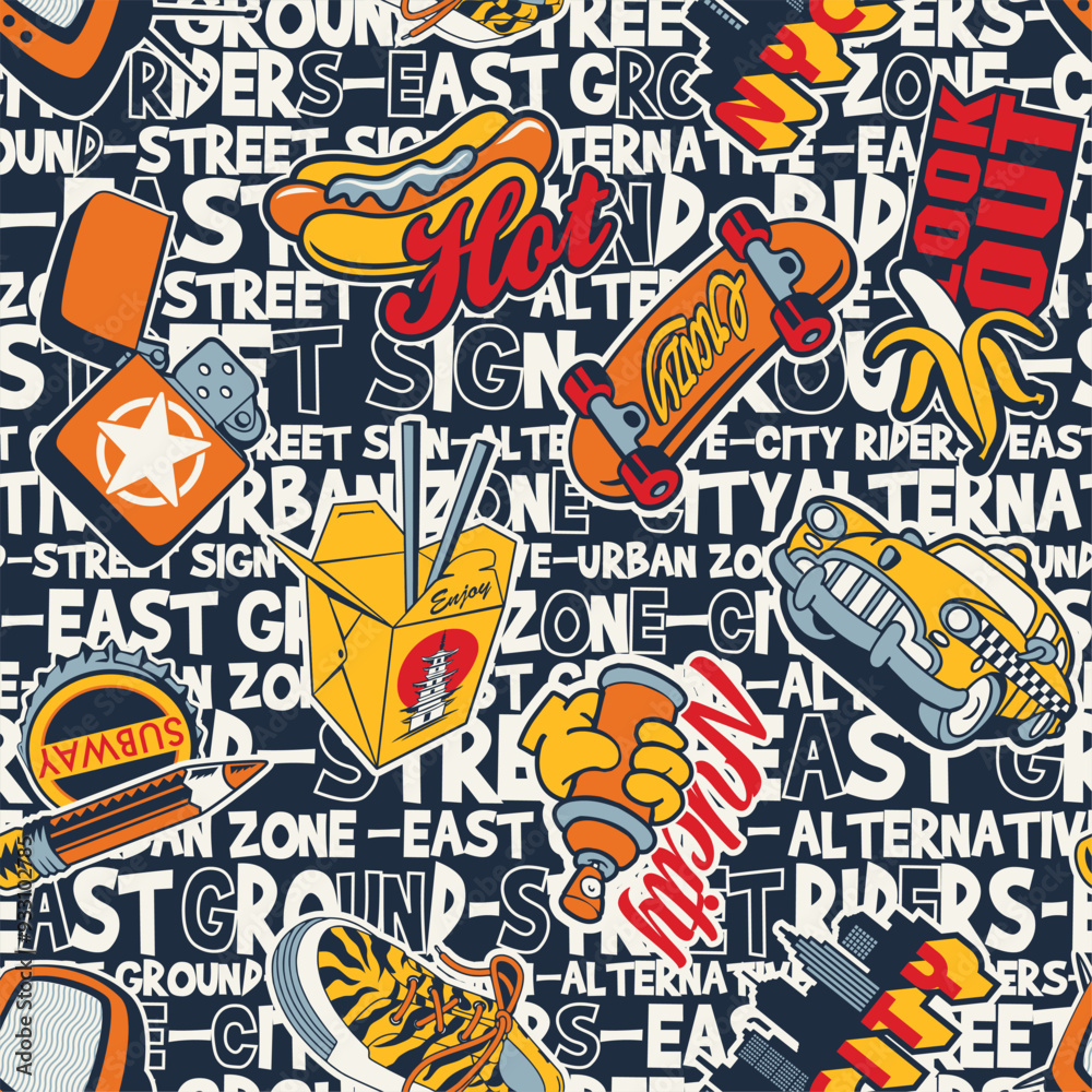 Cute urban street stickers patchwork with graffiti lettering background abstract vector seamless pattern for children wear fabric shirt sweatshirt pajamas Cute urban street stickers patchwork with graffiti lettering background abstract vector seamless pattern for children wear fabric shirt sweatshirt pajamas
