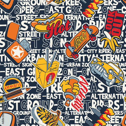 Cute urban street stickers patchwork with graffiti lettering background abstract vector seamless pattern for children wear fabric shirt sweatshirt pajamas