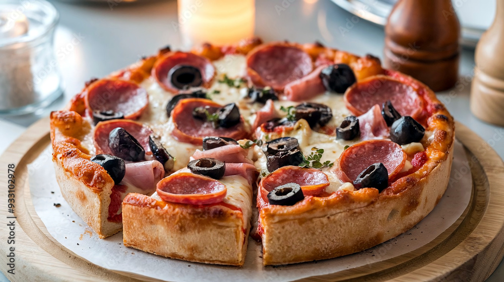 Mouthwatering Chicago-style deep-dish meet lovers pizza loaded with pepperoni, ground meat, ham, olives, and melted cheese. Perfect for food lovers and culinary visuals. Mouthwatering Chicago-style deep-dish meet lovers pizza loaded with pepperoni, ground meat, ham, olives, and melted cheese. Perfect for food lovers and culinary visuals.