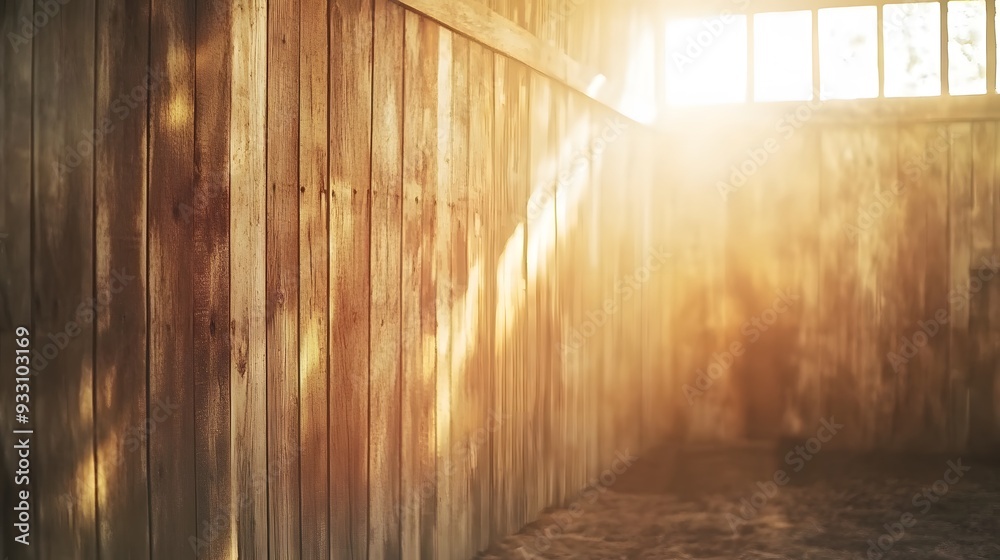 Rustic barn interior with a wooden wall at the end, soft golden light from an overhead window, aged wood with natural imperfections, cozy and nostalgic mood Rustic barn interior with a wooden wall at the end, soft golden light from an overhead window, aged wood with natural imperfections, cozy and nostalgic mood