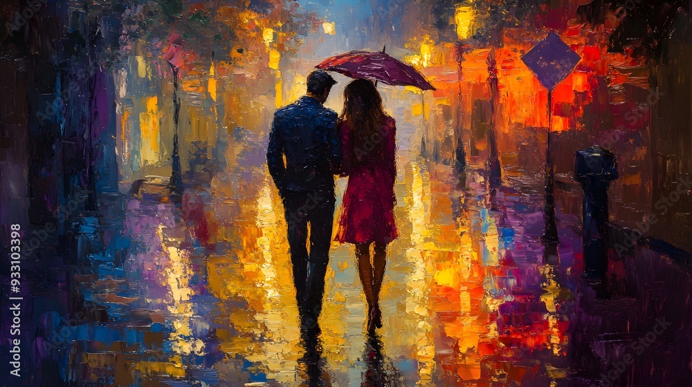 Obraz premium Lovers in the rain, walking through a glowing city street, reflections shimmering on the wet ground, oil painting, soft yet vivid colors, delicate brushwork, romantic vibe