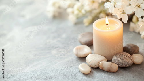 Zen Candle Arrangement with Flowers and Stones for Relaxation