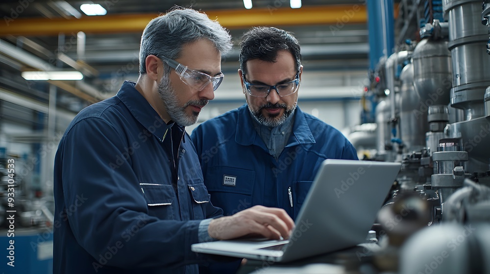 Fototapeta premium The technician engaged in a problem-solving discussion with another engineer, using the laptop to display diagnostic reports and troubleshooting guides for the factory’s 