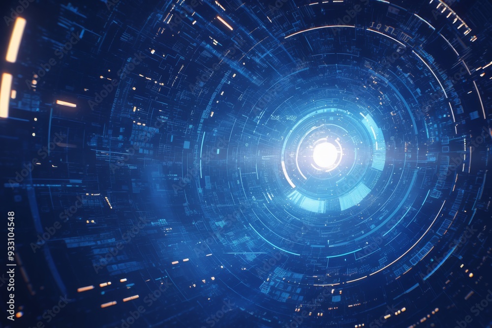 Fototapeta premium Abstract Digital Tunnel with Dotted Lighting Design in Blue and Black: A Technologically Inspired Visual Journey