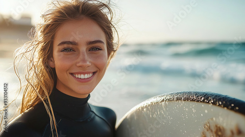 Portrait of a beautiful young european woman in a black wetsuit holding a white surfboard on a beach, smiling at the camera, with an ocean waves and beautiful day with the sun shinning bright photo