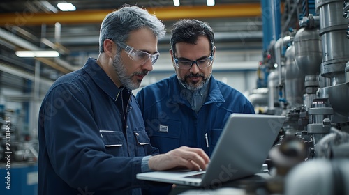 The technician engaged in a problem-solving discussion with another engineer, using the laptop to display diagnostic reports and troubleshooting guides for the factory’s 