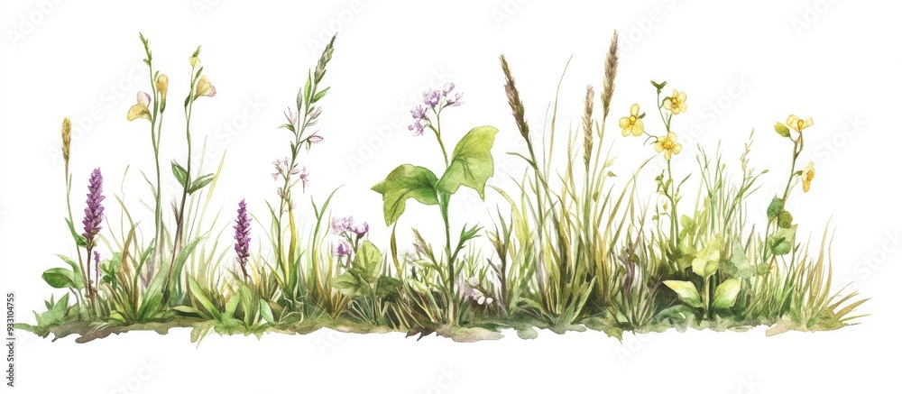 Obraz premium Fragment of a natural landscape featuring plantain grass and blossoms Realistic summer flora in a watercolor hand painted style presented on a white background