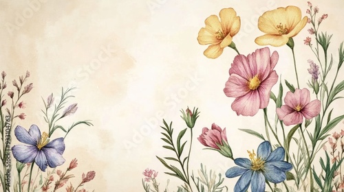 Fototapeta Naklejka Na Ścianę i Meble -  Elegant postcard and invitation template featuring watercolor and engraved wild exotic flowers for your creative projects