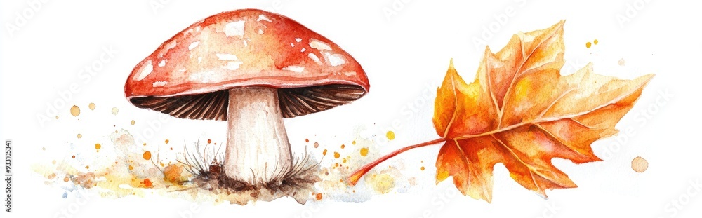 Joyful mushroom featuring a brown cap alongside an orange autumn leaf Watercolor illustration created by hand on a white background Joyful mushroom featuring a brown cap alongside an orange autumn leaf Watercolor illustration created by hand on a white background