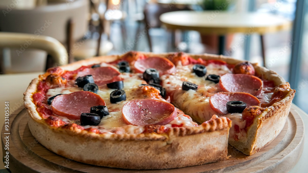 Mouthwatering Chicago-style deep-dish meet lovers pizza loaded with pepperoni, ground meat, ham, olives, and melted cheese. Perfect for food lovers and culinary visuals. Mouthwatering Chicago-style deep-dish meet lovers pizza loaded with pepperoni, ground meat, ham, olives, and melted cheese. Perfect for food lovers and culinary visuals.