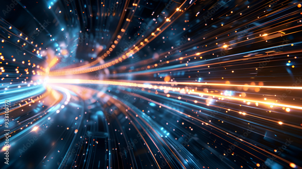 Obraz premium A computer-generated wave is depicted in space, showing the intricate patterns and movements of data particles converging into a digital river,Abstract digital futuristic technology glowing background