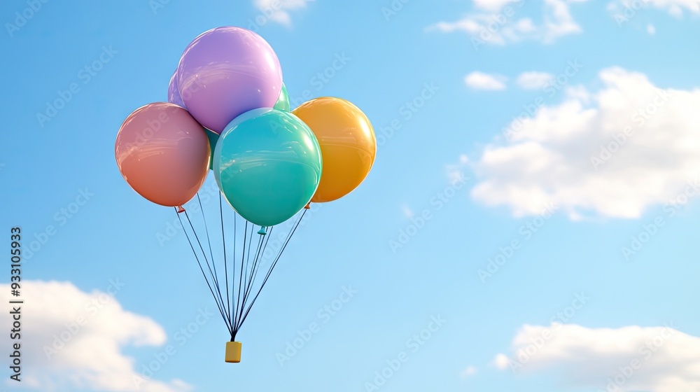 Fototapeta premium Colorful balloons gently floating against a bright blue sky on a sunny day, capturing the joy and whimsy of childhood dreams