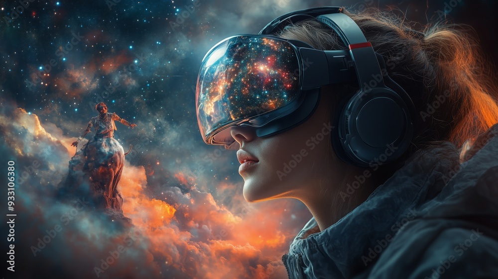 A woman wearing a futuristic headset immerses herself in a vibrant virtual reality universe filled with stars and cosmic wonders. A woman wearing a futuristic headset immerses herself in a vibrant virtual reality universe filled with stars and cosmic wonders.