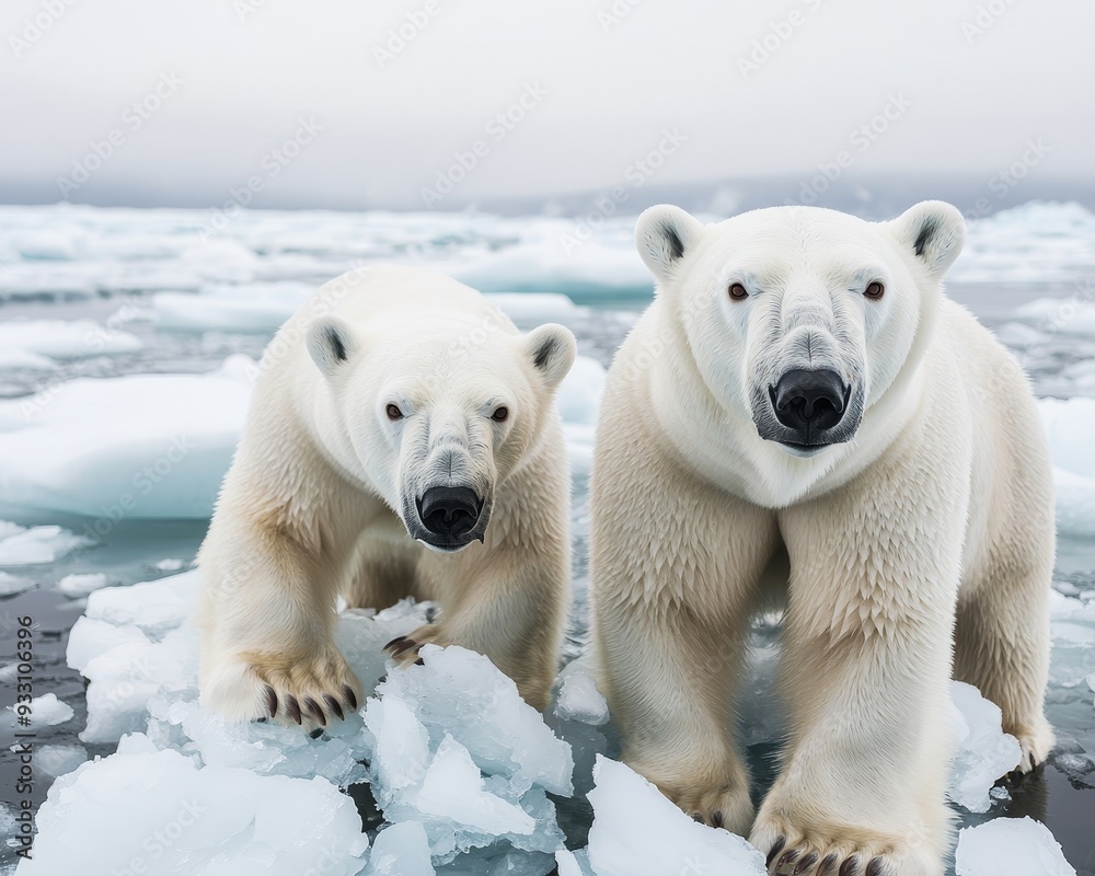 Two polar bears stand on ice, showcasing their majestic beauty in a serene Arctic landscape. Two polar bears stand on ice, showcasing their majestic beauty in a serene Arctic landscape.