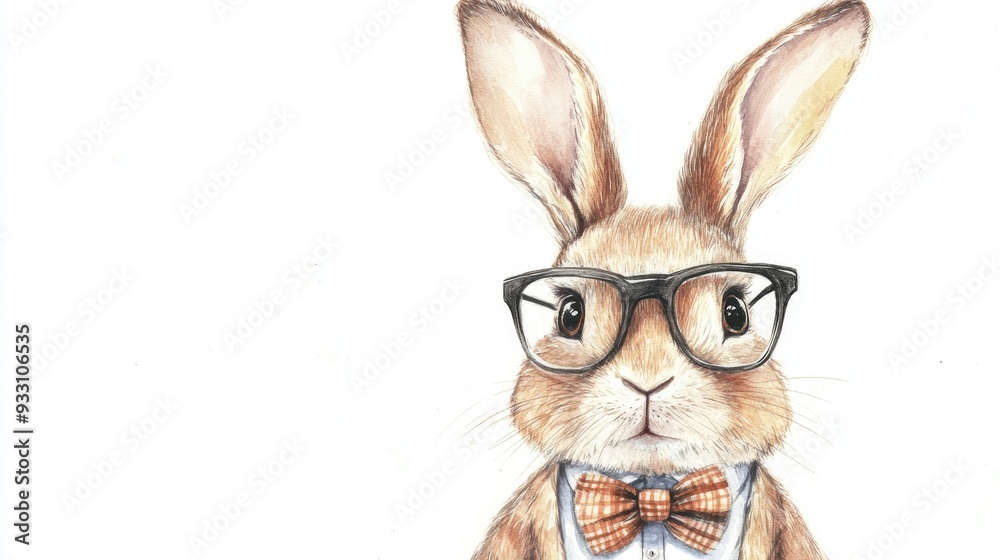 Hipster rabbit wearing glasses and a bow tie watercolor illustration Hipster rabbit wearing glasses and a bow tie watercolor illustration