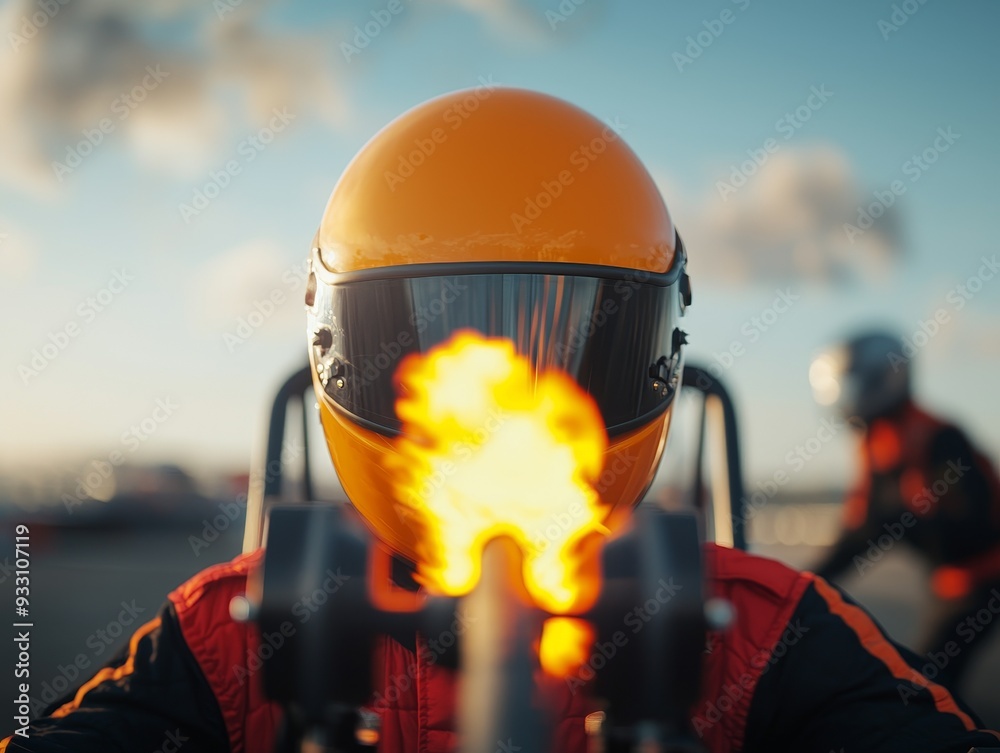 Fototapeta premium A close-up view of a racer wearing an orange helmet, ready to unleash speed with fire bursting from the engine.