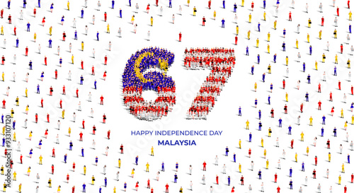 August 31 Happy Independence Day Malaysia Design. A large group of people form to create the number 67 as Malaysia celebrates its 67th Independence Day on the 31st of August.