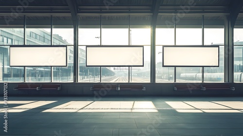 A large, empty train station with multiple blank billboards, natural light filtering through expansive glass windows, minimalist furniture, and a calm, unobstructed view, emphasizing the spaciousness photo