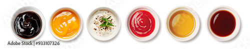 A top view of a variety of sauces in bowls, including ketchup, mustard, and tartar, isolated on a transparent background, PNG. Perfect for culinary presentations, or cooking-themed design