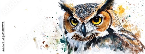 Owl s head depicted on a white background in watercolor photo