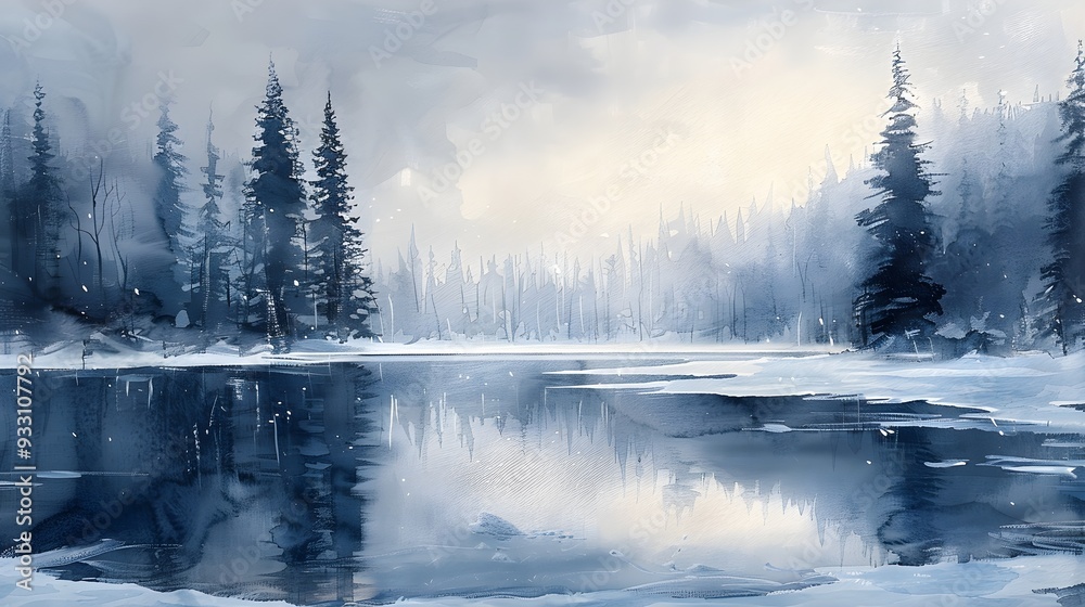 Fototapeta premium Peaceful frozen lake surrounded by snow-laden trees, soft watercolor brushstrokes emphasizing winter's chill and silence, oil painting influences.