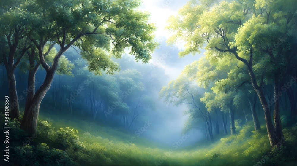 Ancient forest, thick mist enveloping towering trees, deep greens and blues, oil painting style, hand-brushed depth and layers of mystery Ancient forest, thick mist enveloping towering trees, deep greens and blues, oil painting style, hand-brushed depth and layers of mystery