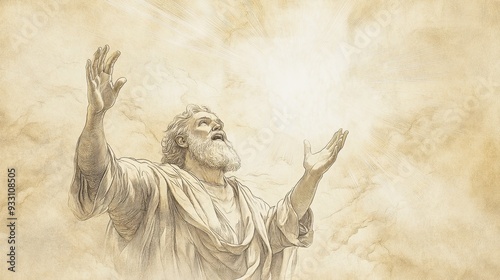 Biblical Illustration of a Bright Light Breaking Through Clouds, Shining on David as He Lifts His Hands in Gratitude, Symbolizing God’s Swift Deliverance, Psalms 70 photo