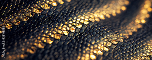 A detailed closeup of snake skin, showcasing a textured surface with a striking combination of dark black and golden scales photo