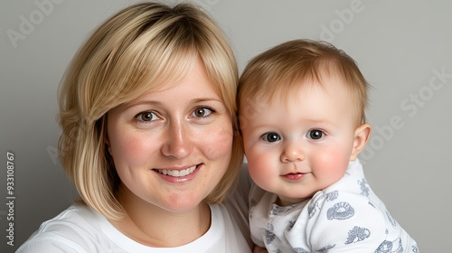 A joyful young mother embraces her baby, sharing smiles in a bright studio setting, capturing a moment of pure love and happiness