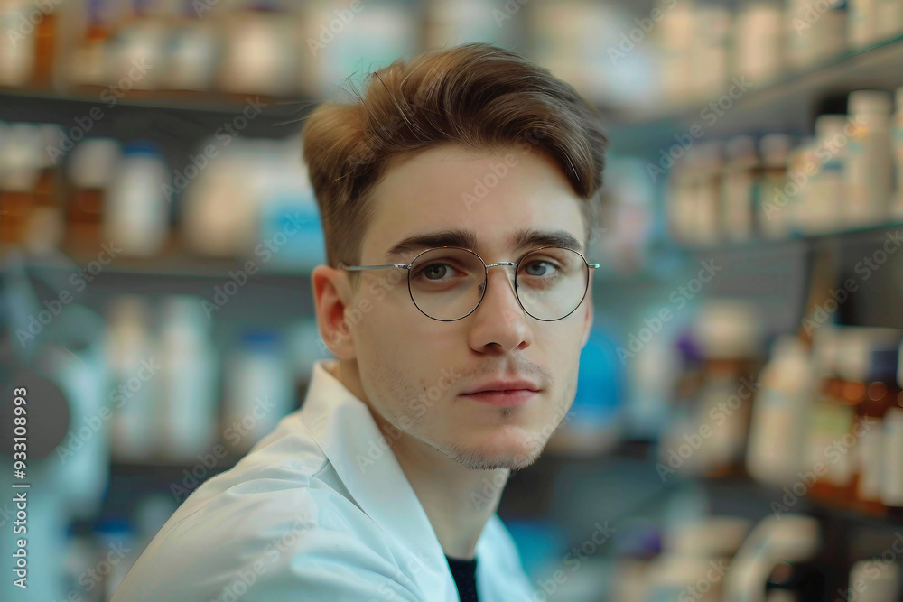 Pharmacist with a white lab coat standing confidently in front of medicine shelves generative AI