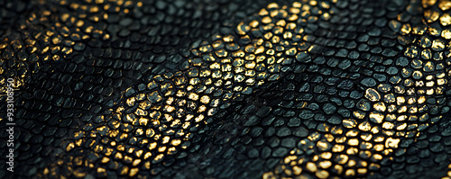 A detailed closeup of snake skin, showcasing a textured surface with a striking combination of dark black and golden scales photo