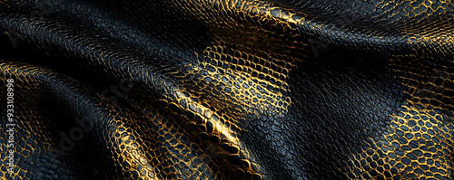 A detailed closeup of snake skin, showcasing a textured surface with a striking combination of dark black and golden scales photo