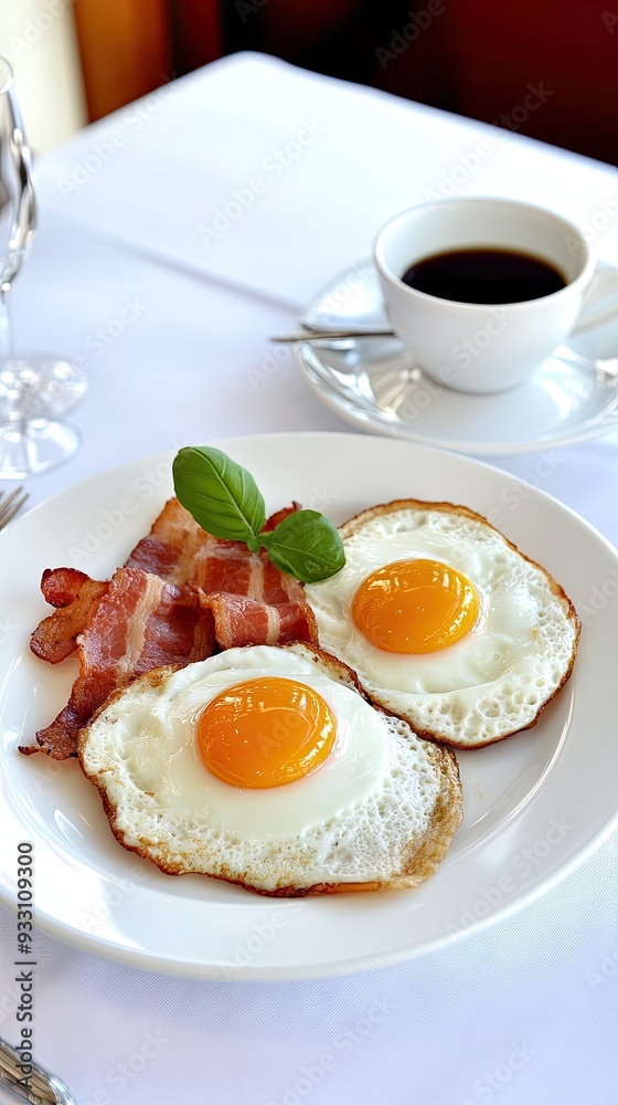 Enjoying a hearty breakfast of fried eggs and crispy bacon with a cup of coffee on a pristine white tablecloth Enjoying a hearty breakfast of fried eggs and crispy bacon with a cup of coffee on a pristine white tablecloth