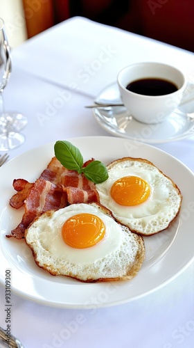 Enjoying a hearty breakfast of fried eggs and crispy bacon with a cup of coffee on a pristine white tablecloth