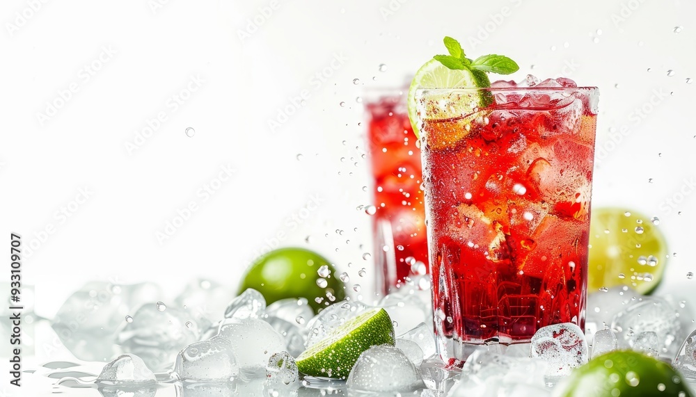 Vibrant red cocktail with lime garnish on a pristine white background, ideal for refreshing drinks Vibrant red cocktail with lime garnish on a pristine white background, ideal for refreshing drinks
