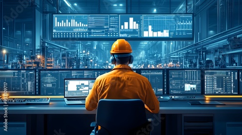 Show the engineer seated at a control desk with multiple screens, including his laptop, displaying various factory conditions. The environment should include visible heavy machinery and production lin