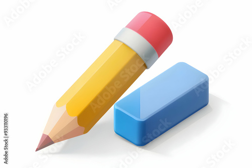 3d Flat icon as Pencil and eraser symbolizing creation and correction with ample space for text. concept as A pencil and an eraser representing the fundamentals of creation and correction with blank s photo