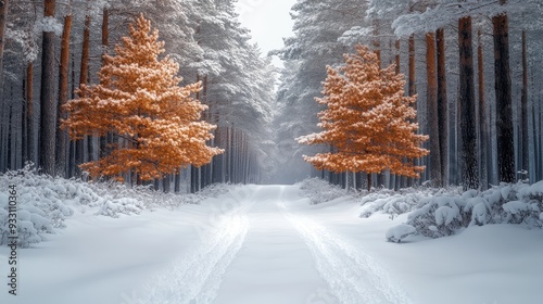 snow covered trees in forest in winter copy psace.jpg photo