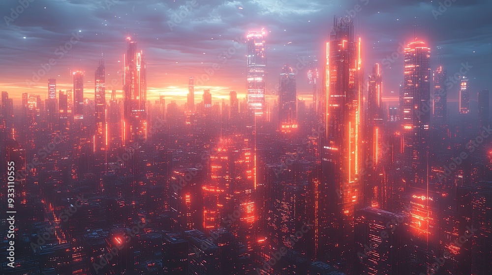 A cityscape with many buildings and a sunset in the background A cityscape with many buildings and a sunset in the background