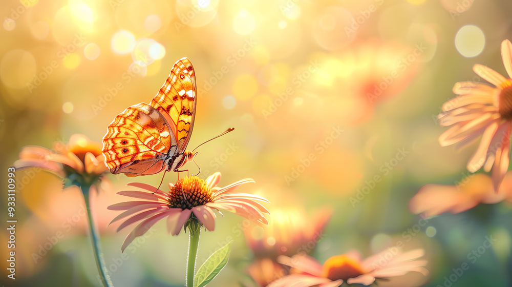 white butterfly with clear wings, perched on a field of white daisies with yellow centers white butterfly with clear wings, perched on a field of white daisies with yellow centers