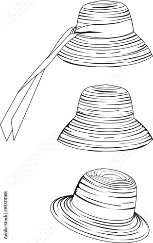 Summer accessory - straw hat. Vector black and white image